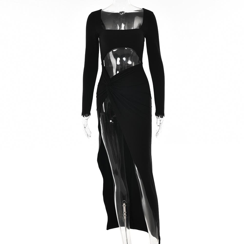 Long sleeve solid hollow out ruched slit knotted midi dress  | red tango dress