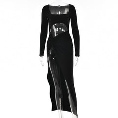 Long sleeve solid hollow out ruched slit knotted midi dress  | red tango dress