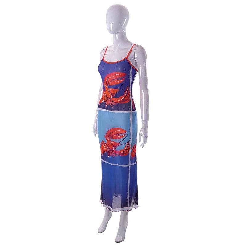Sheer mesh lobster see through contrast print ruffle cami midi dress  | samba dress