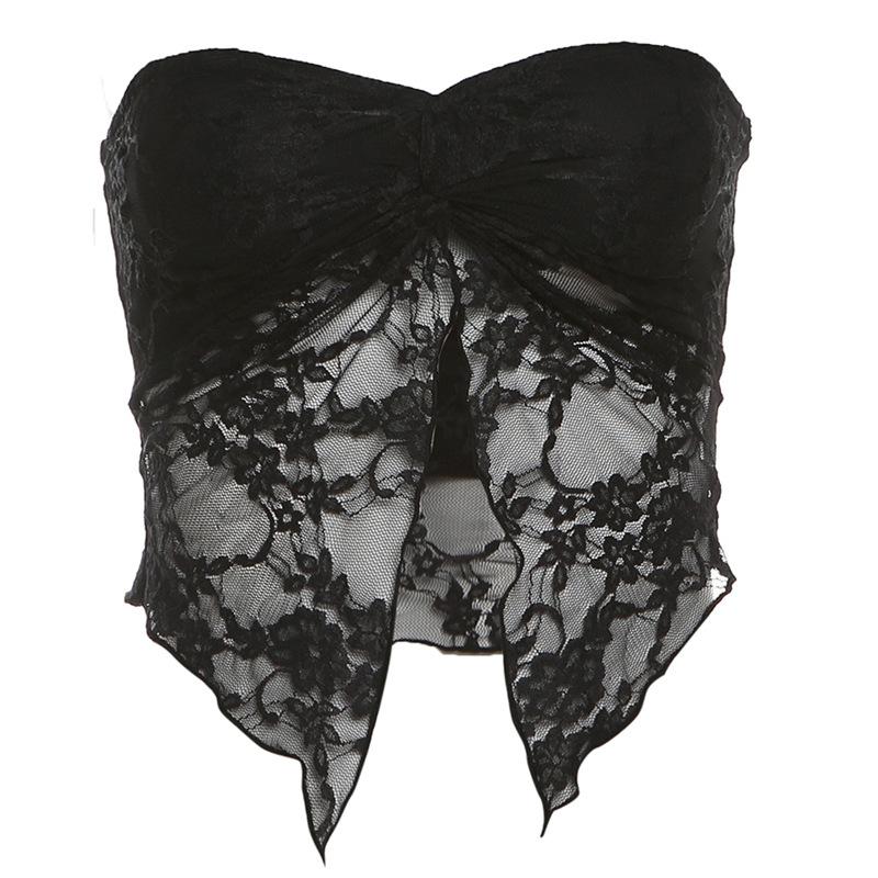 Lace ruched slit ruffle solid tube top