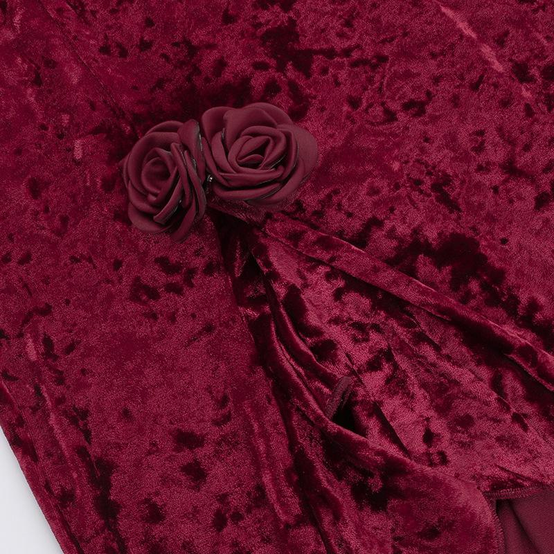 Sweetheart neck velvet flower applique slit cami maxi dress