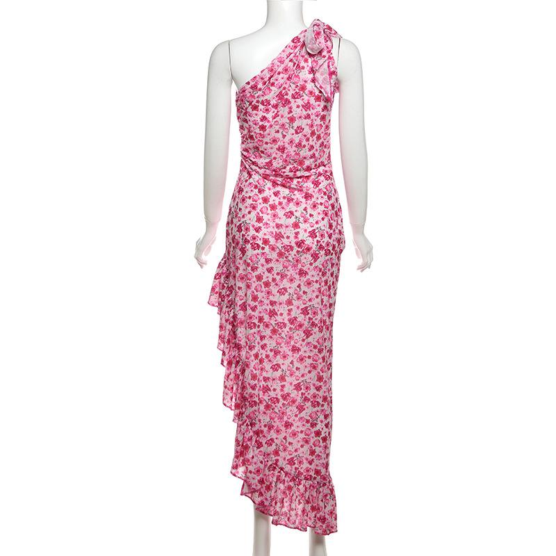 One shoulder knotted slit flower print ruffle maxi dress