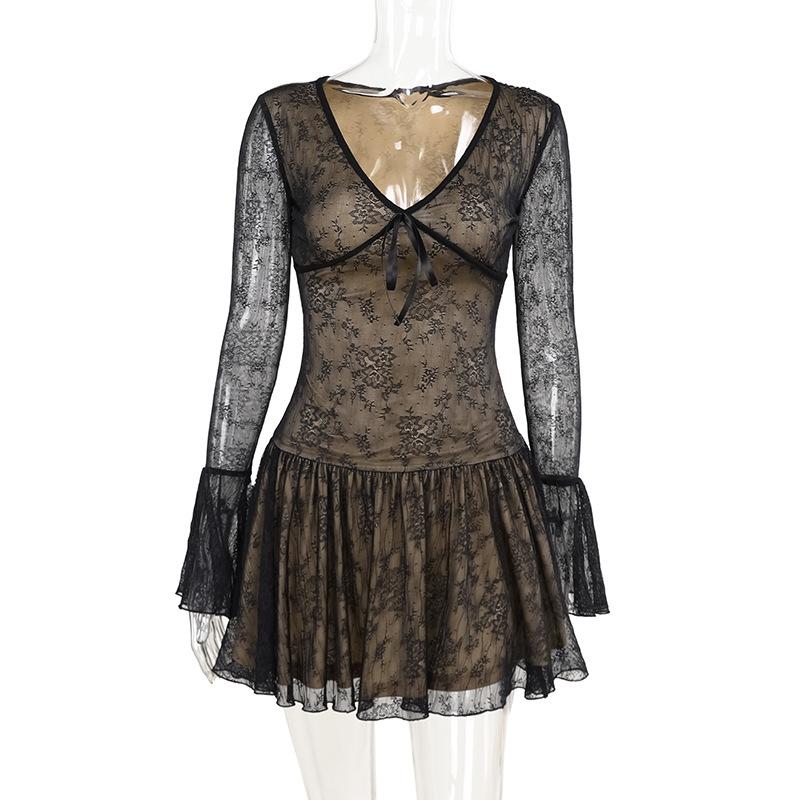 V neck long sleeve lace bowknot mini dress