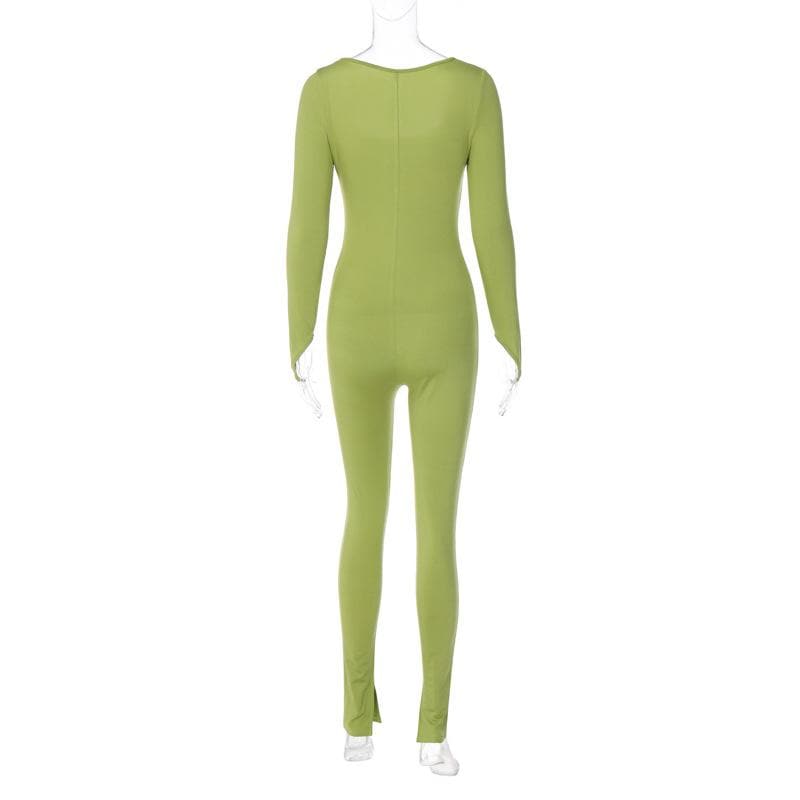 Long sleeve solid u neck slit jumpsuit