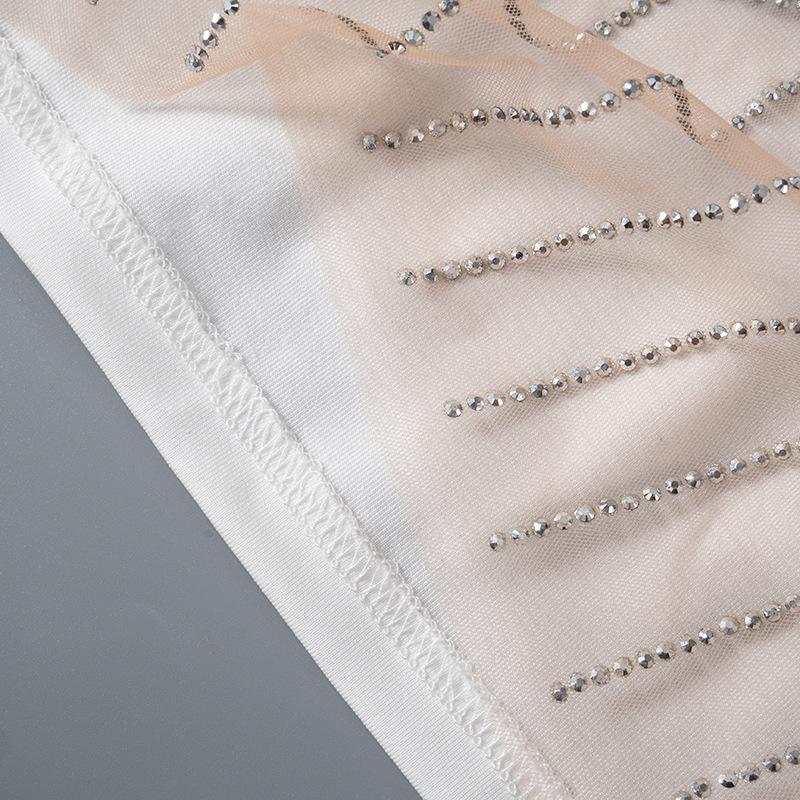 Sleeveless crewneck beaded mesh patchwork see through mini dress