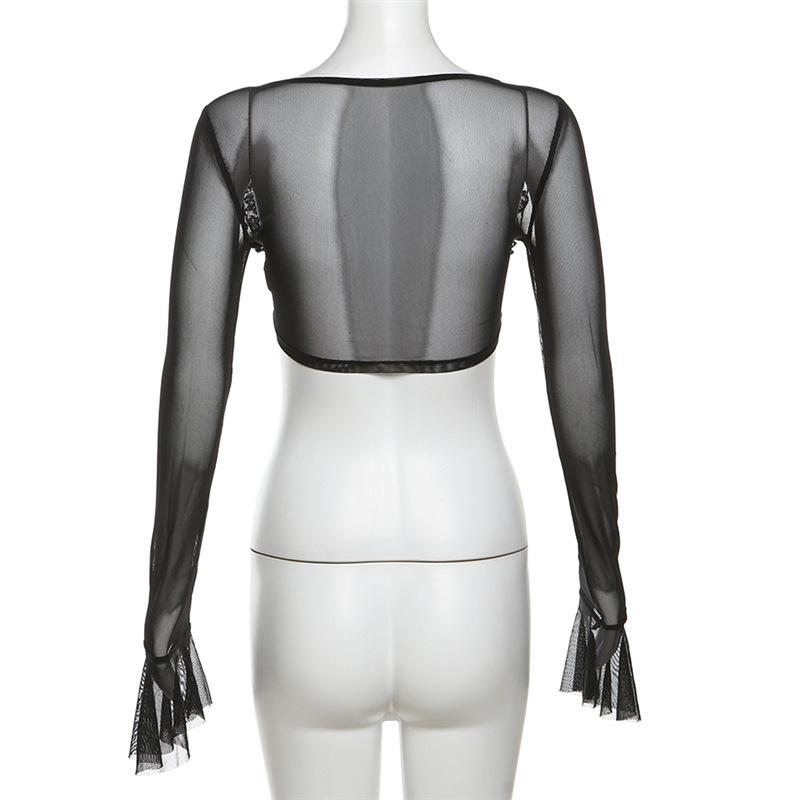 Long flared sleeve mesh see through lace up crop top