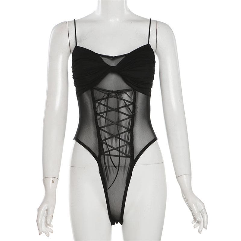 Ruched lace up mesh cami solid bodysuit