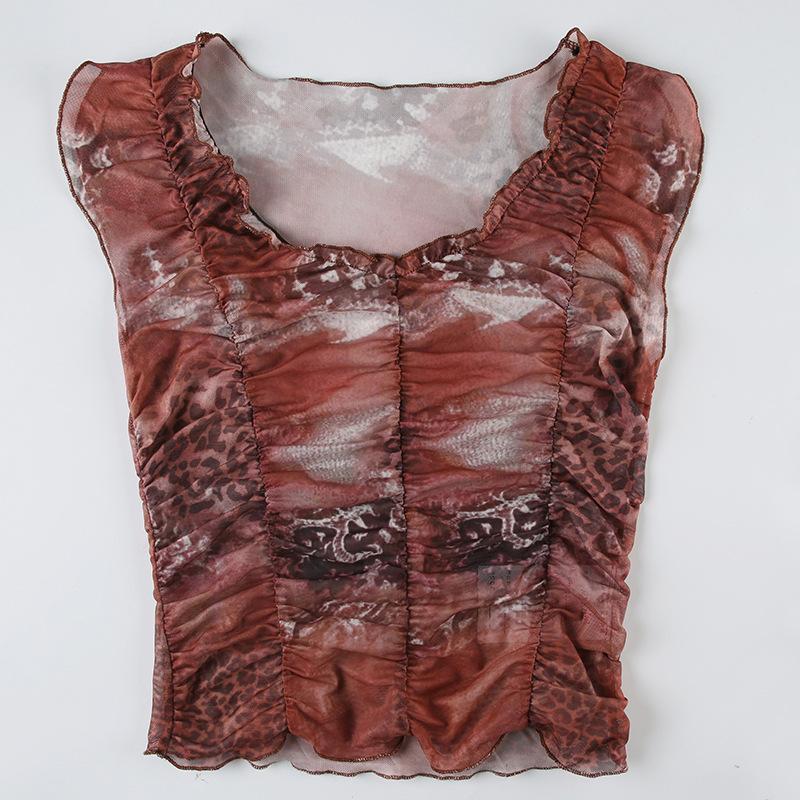 Cap sleeve ruffle sheer mesh print ruched top