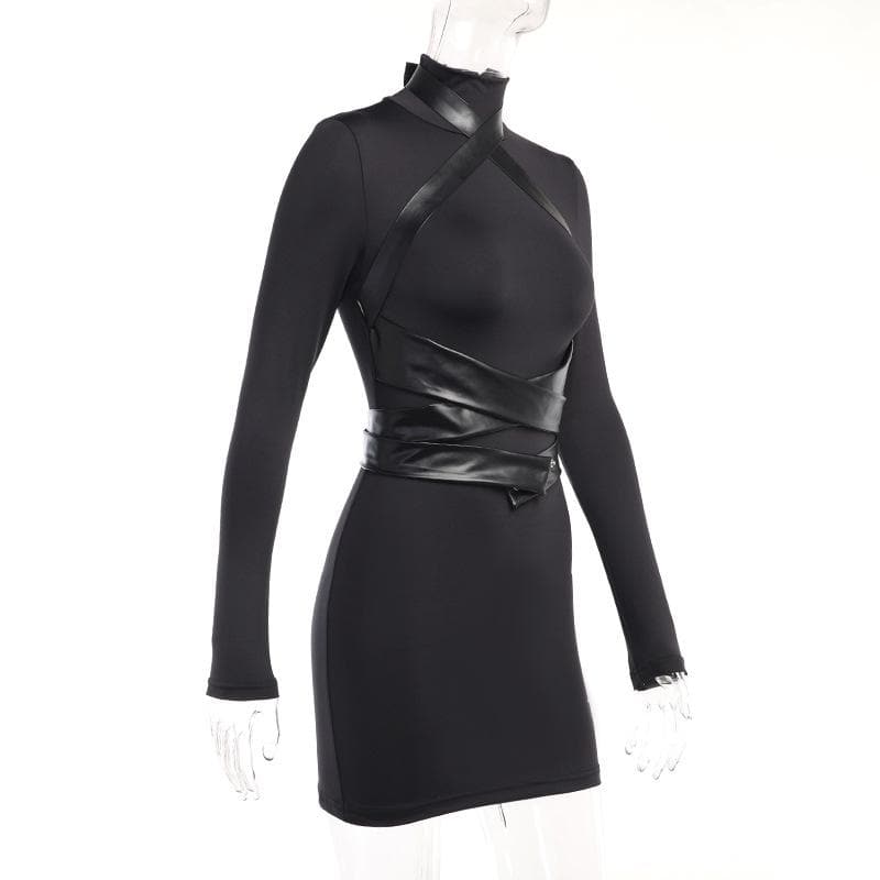 Long sleeve high neck cross front button zip-up mini dress  | black rave dress