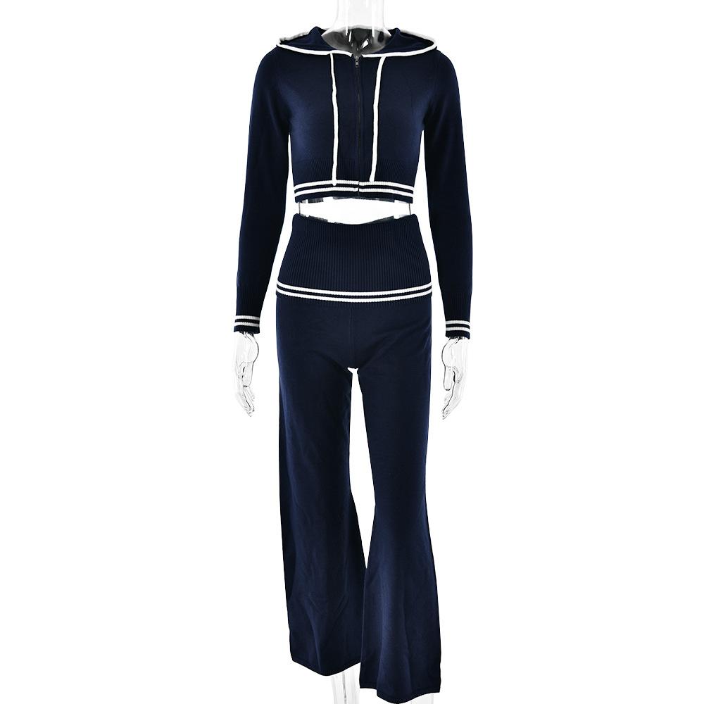 Long sleeve hoodie knitted zip-up high rise pant set