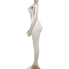One shoulder self tie irregular solid high rise pant set