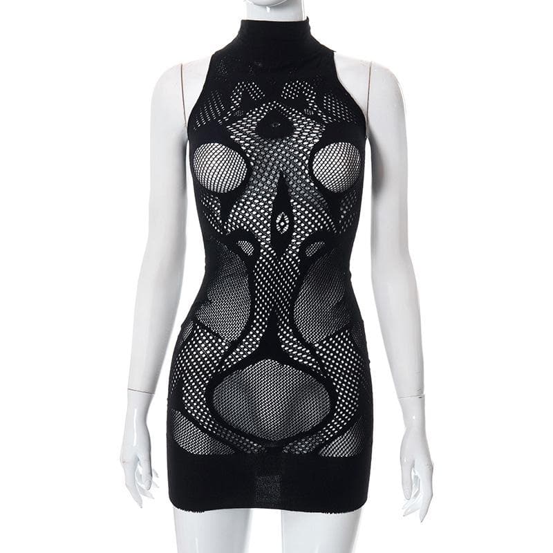 Fishnet sleeveless hollow out high neck see through mini dress