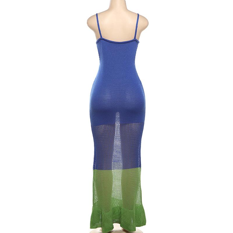 U neck knitted hollow out see through cami maxi dress