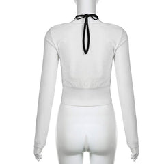 Long sleeve bowknot halter ruched 2 piece top