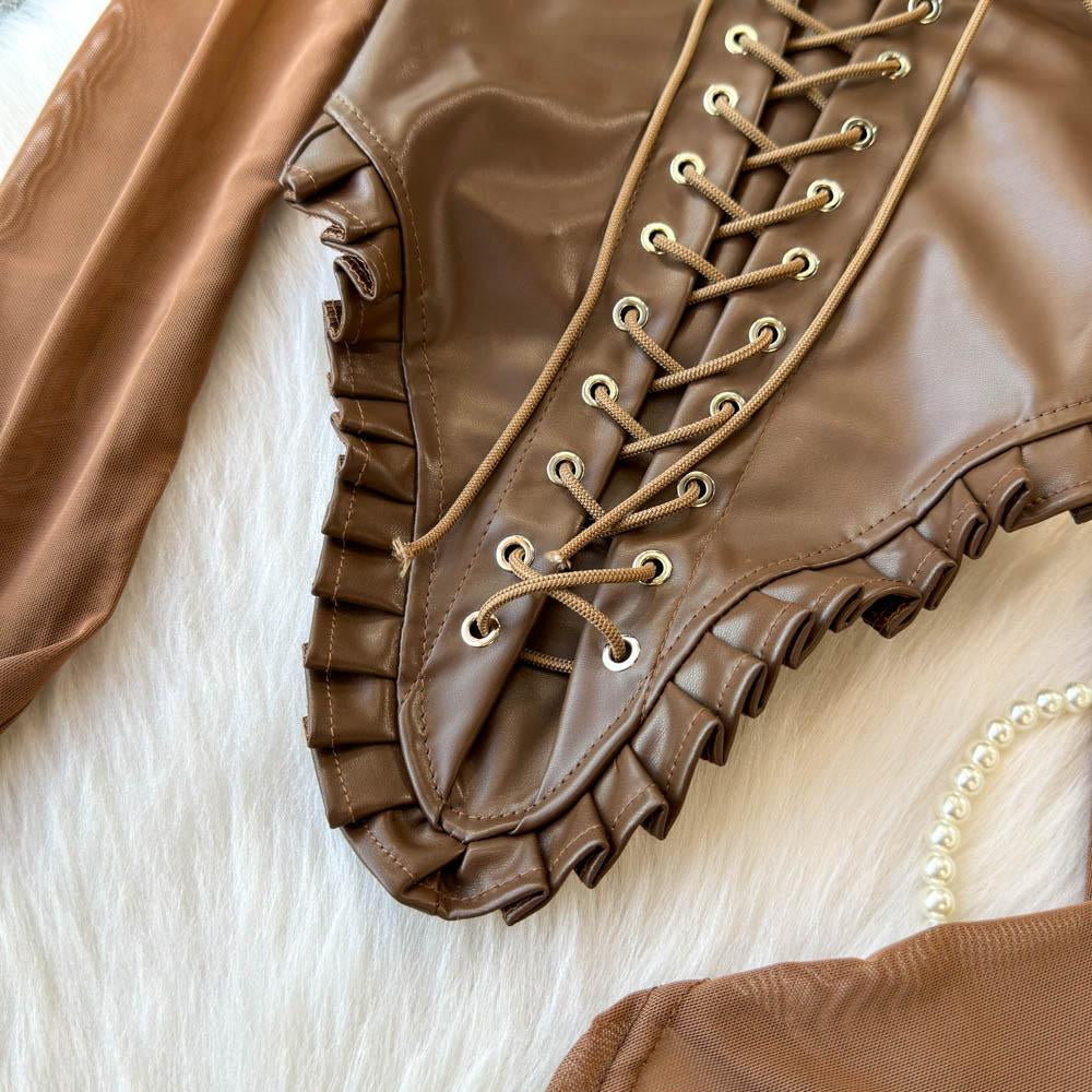 Off shoulder PU leather lace up smocked top