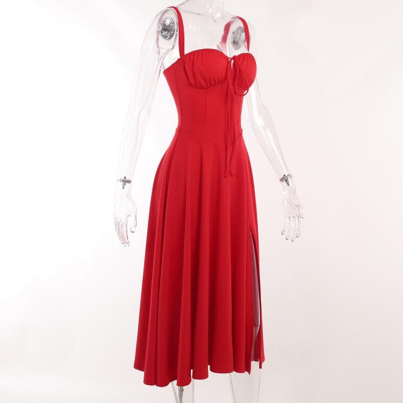 Ruched solid sweetheart neck slit sleeveless midi dress  | red tango dress