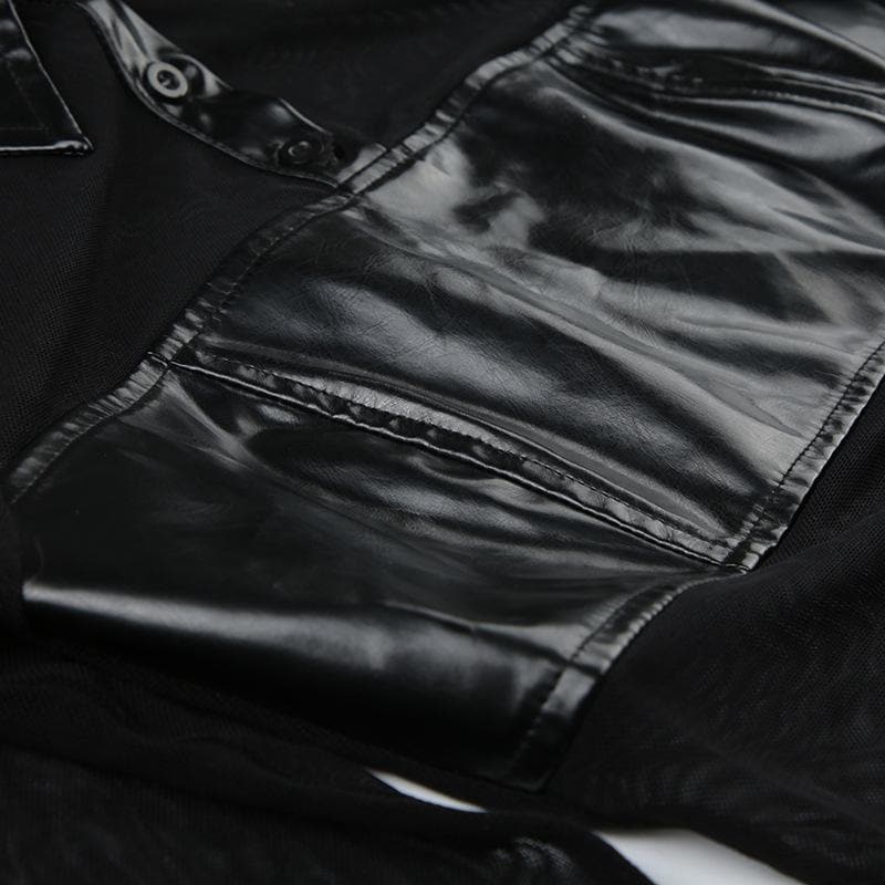 Button turnover collar mesh long flared sleeve PU leather bodysuit