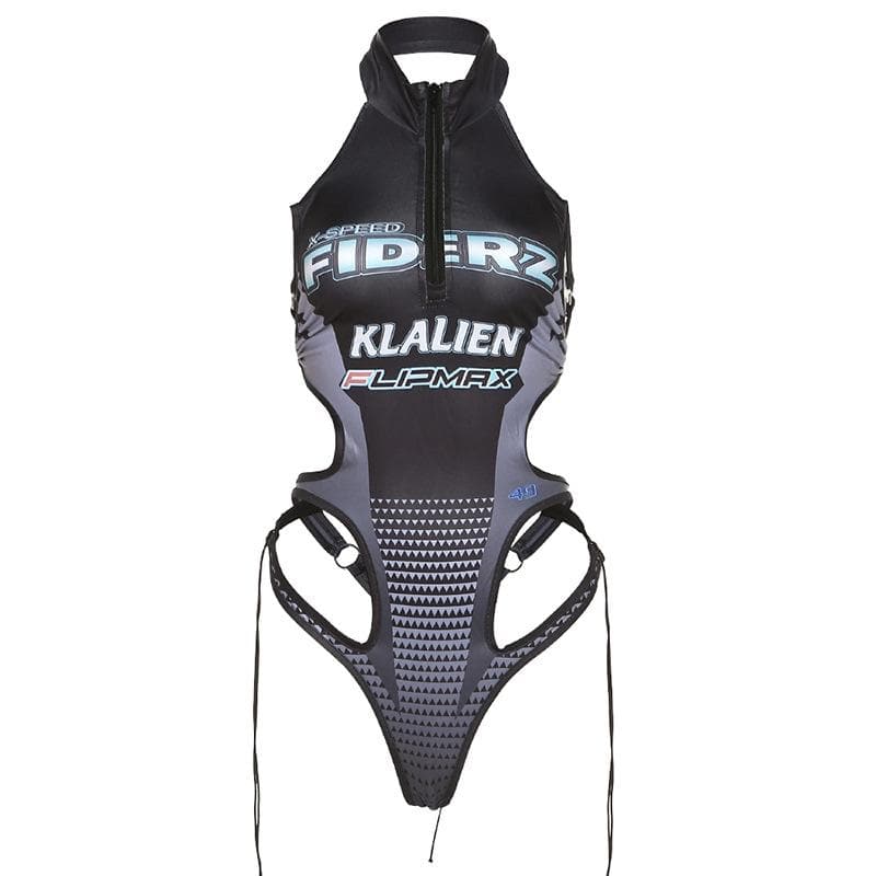 Sleeveless hollow out contrast print halter backless bodysuit