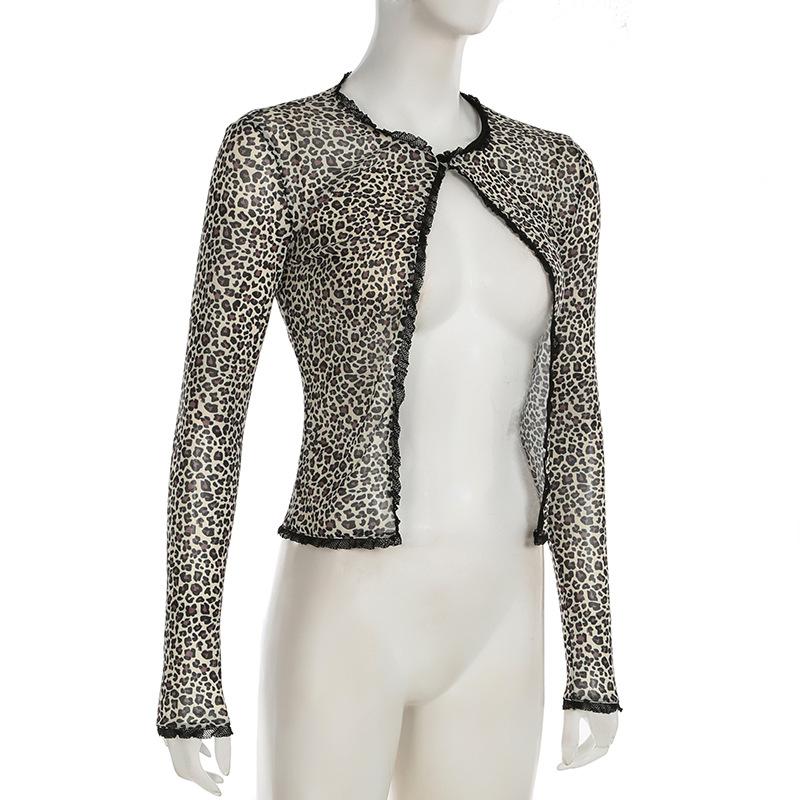 Leopard print long sleeve mesh crop top