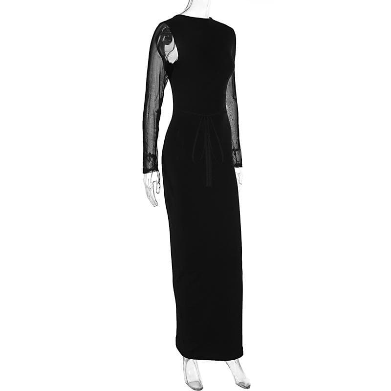 Mesh patchwork solid low cut long sleeve cross front maxi dress  | black rave dress  | black rave dress