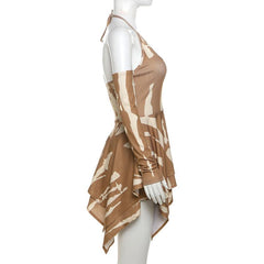 Long sleeve hollow out halter self tie ribbed mini dress