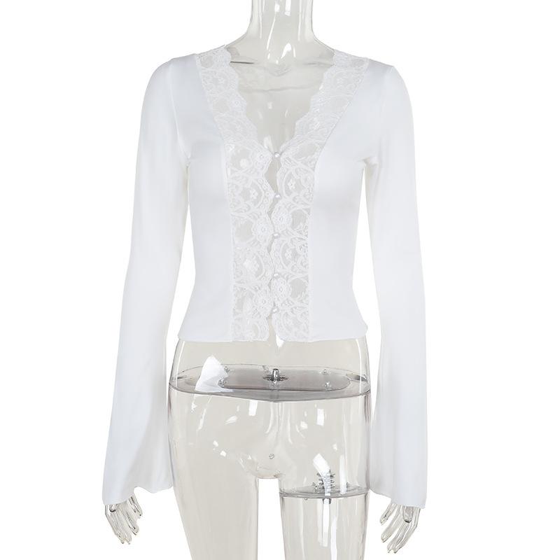 Long sleeve v neck lace hem button top