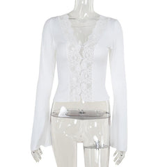 Long sleeve v neck lace hem button top