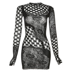 Fishnet long sleeve hollow out see through irregular mini dress