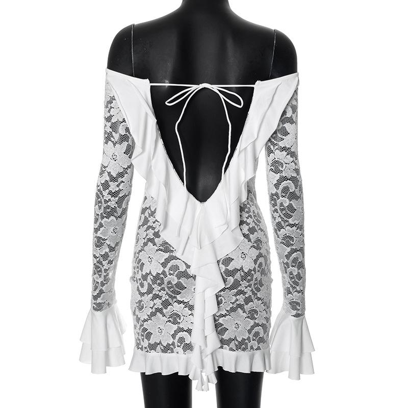 Long flared sleeve lace up lace see through mini dress