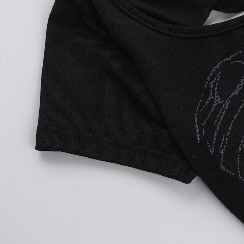Short sleeve print hollow out o ring top