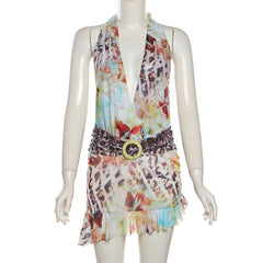 Irregular halter deep V neck print sheer mesh mini dress  | samba dress