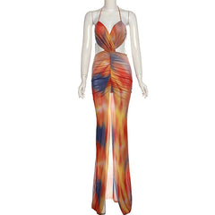 Ruched halter self tie sheer mesh print high slit maxi dress  | samba dress