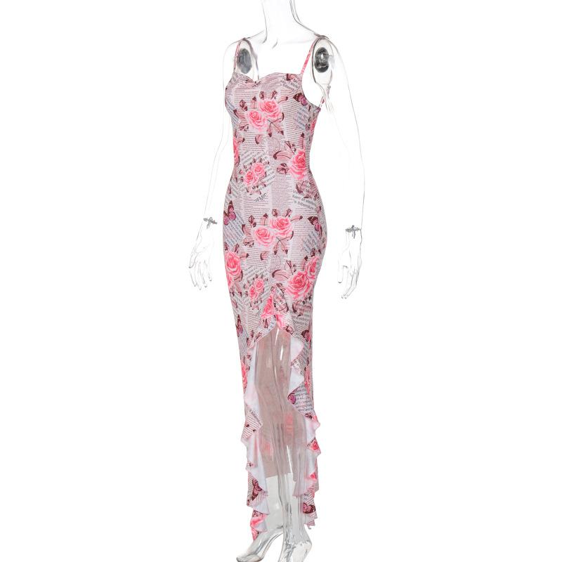 Cowl neck ruffle slit butterfly print cami maxi dress