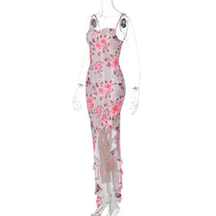 Cowl neck ruffle slit butterfly print cami maxi dress