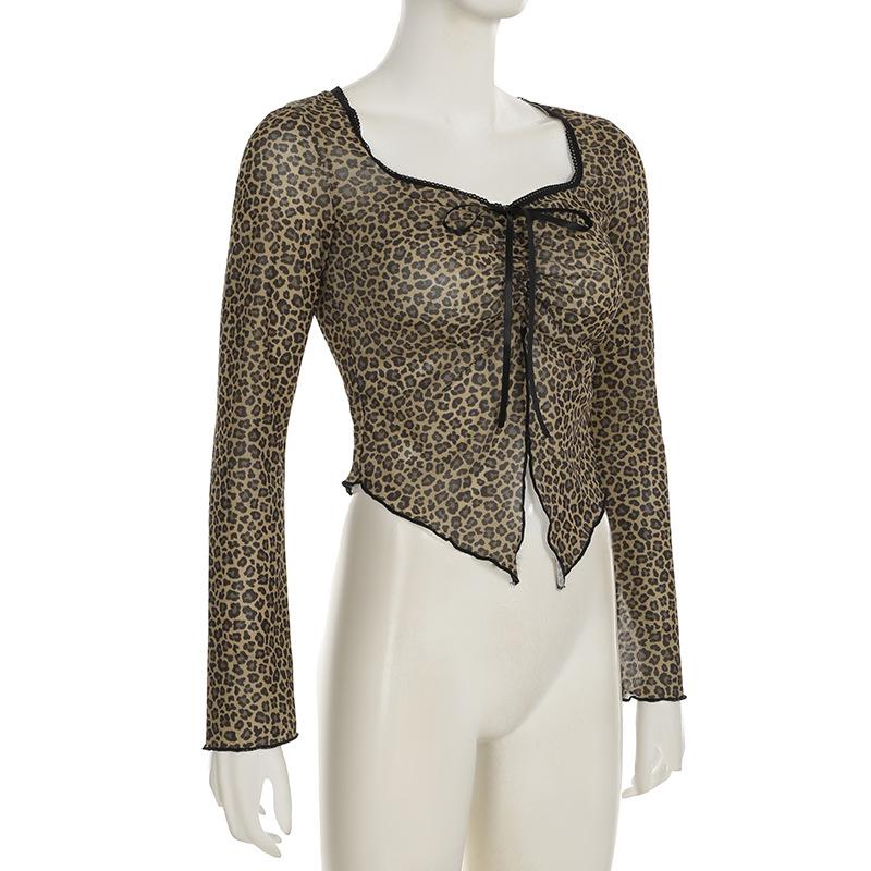 Leopard print long sleeve mesh crop top