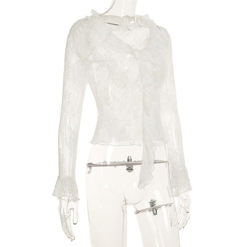 Long sleeve ruffle lace see through top