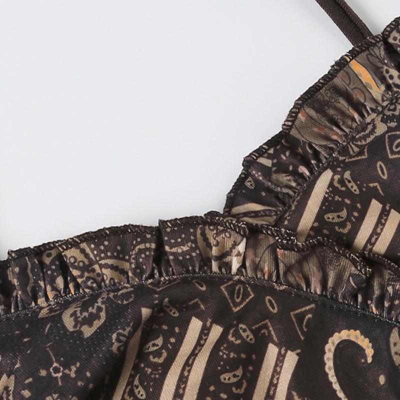 Ruffle v neck print patchwork ruched cami top