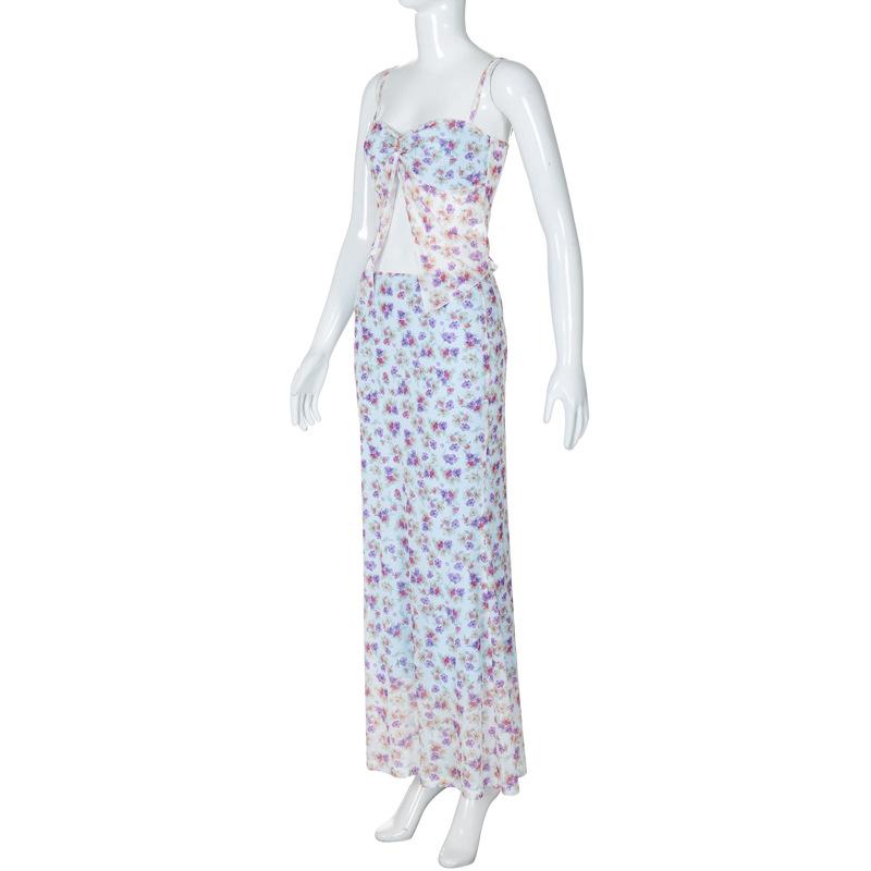 Print ruched high slit sweetheart neck mesh cami maxi skirt set
