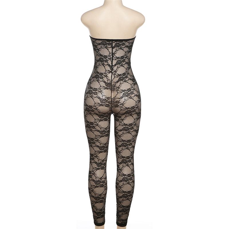 Lace see through solid tube jumpsuit