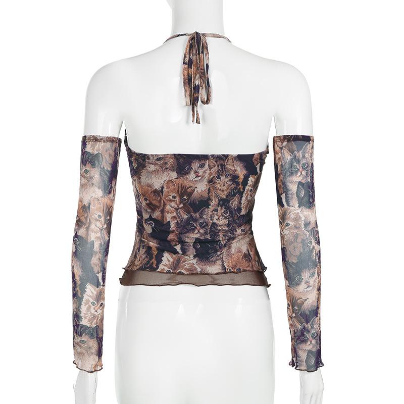 Halter gloves cat print lace hem top