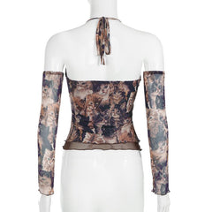 Halter gloves cat print lace hem top