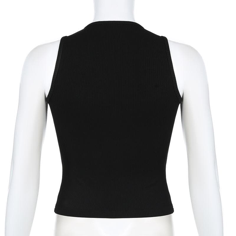 Button v neck ribbed solid sleeveless top