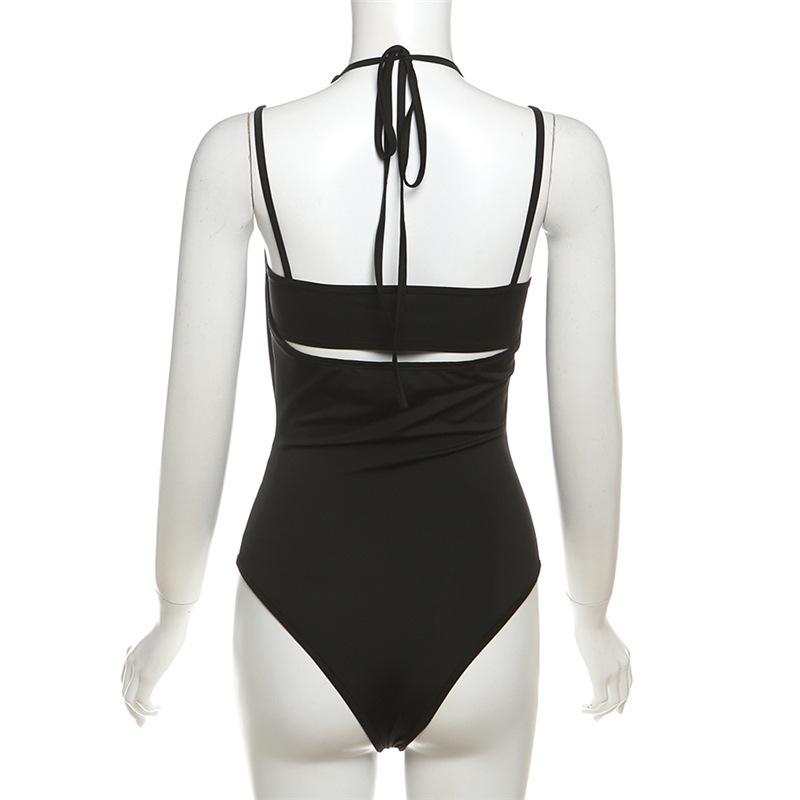 Halter v neck hollow out 2 piece cami bodysuit
