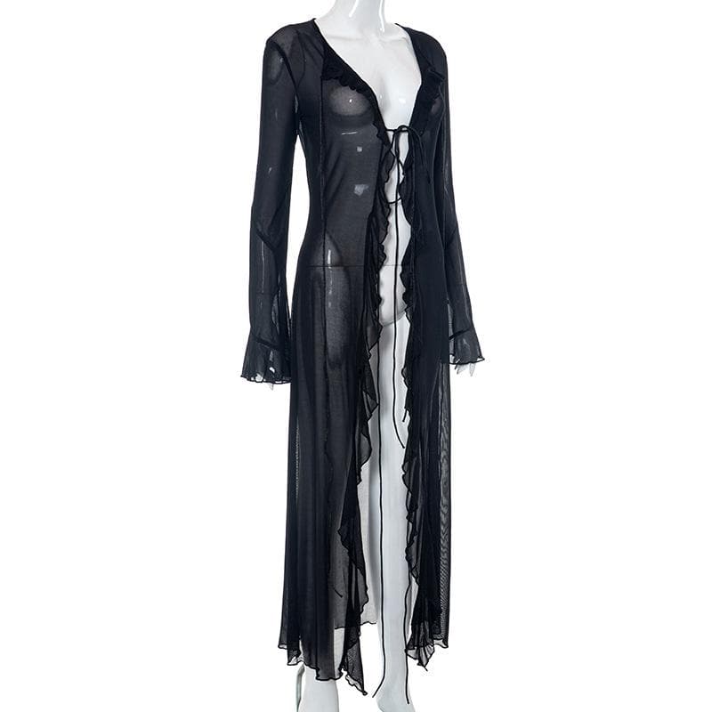 Flared sleeve ruffle sheer mesh see through self tie maxi dress  | samba dress
