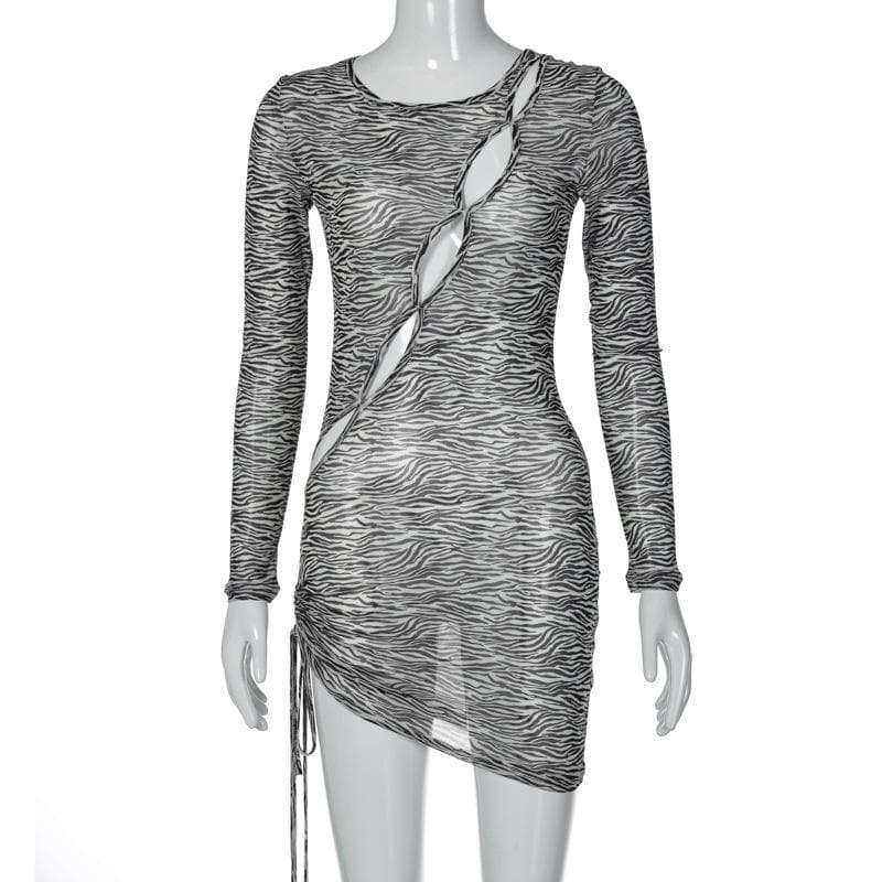 Zebra print hollow out irregular long sleeve sheer mesh see through mini dress  | samba dress