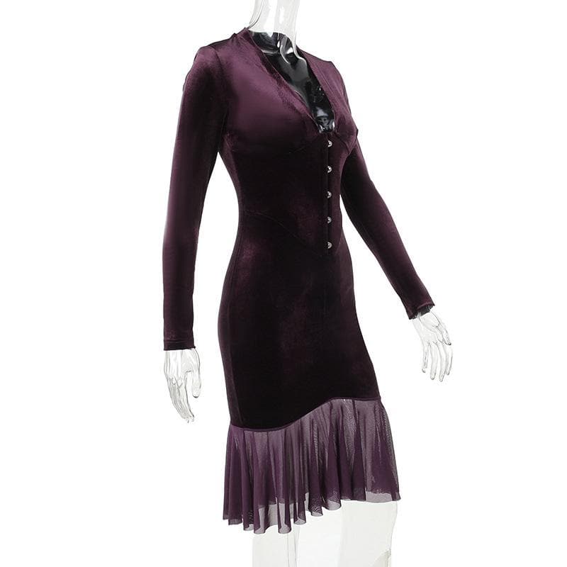 Velvet button ruffle long sleeve v neck solid midi dress  | red tango dress