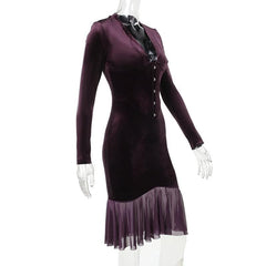 Velvet button ruffle long sleeve v neck solid midi dress  | red tango dress