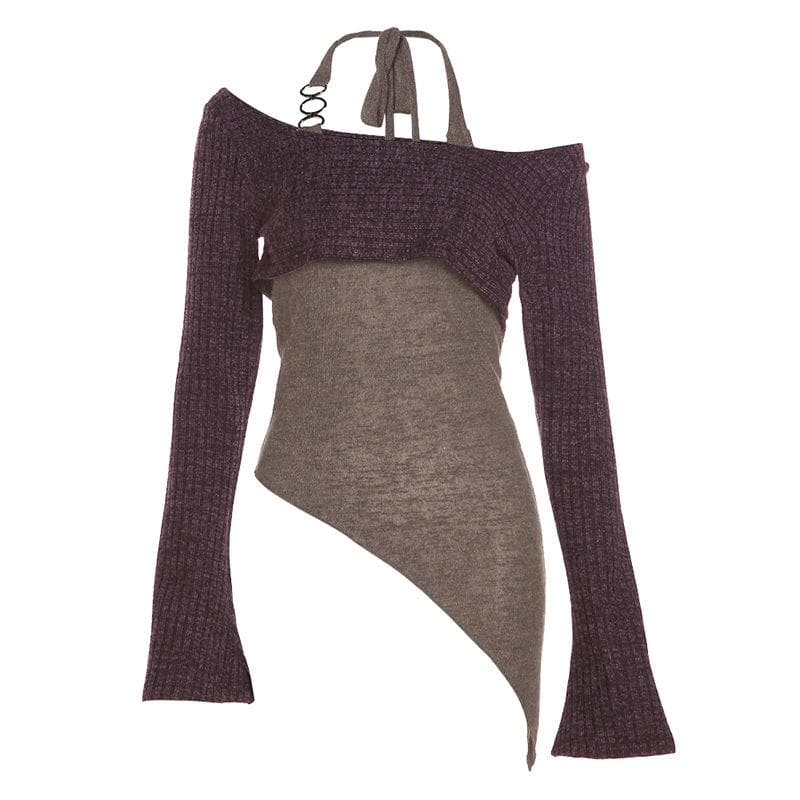 Long sleeve contrast halter o ring self tie irregular 2 piece crop top