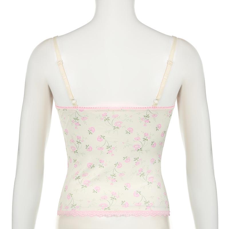 V neck lace hem flower print ruched bowknot cami top