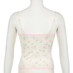 V neck lace hem flower print ruched bowknot cami top